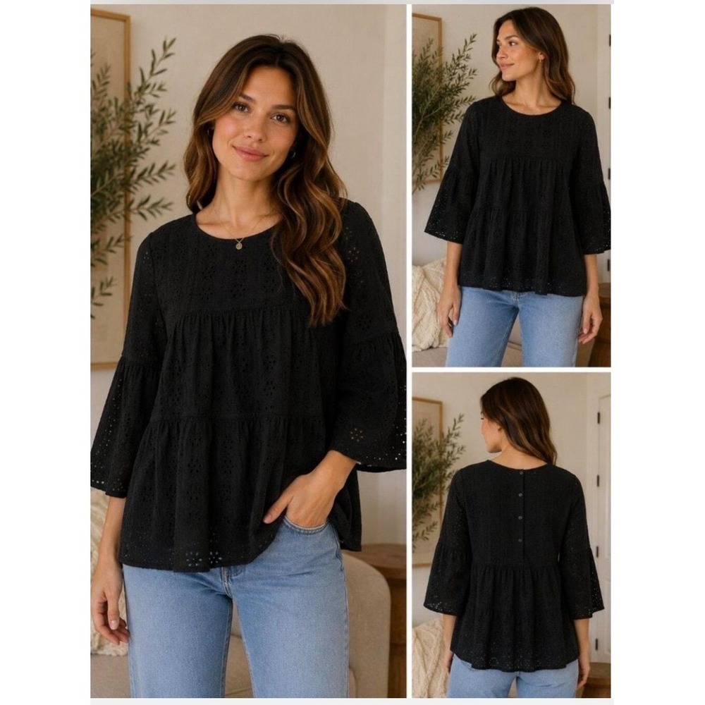 Madewell Black Eyelet Tiered Button Back Babydoll Top Womens Medium Cotton Boho